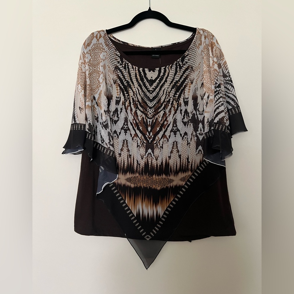 NWT New Directions Women’s Brown, Cream and Gold Pattern Overlay Top Size L